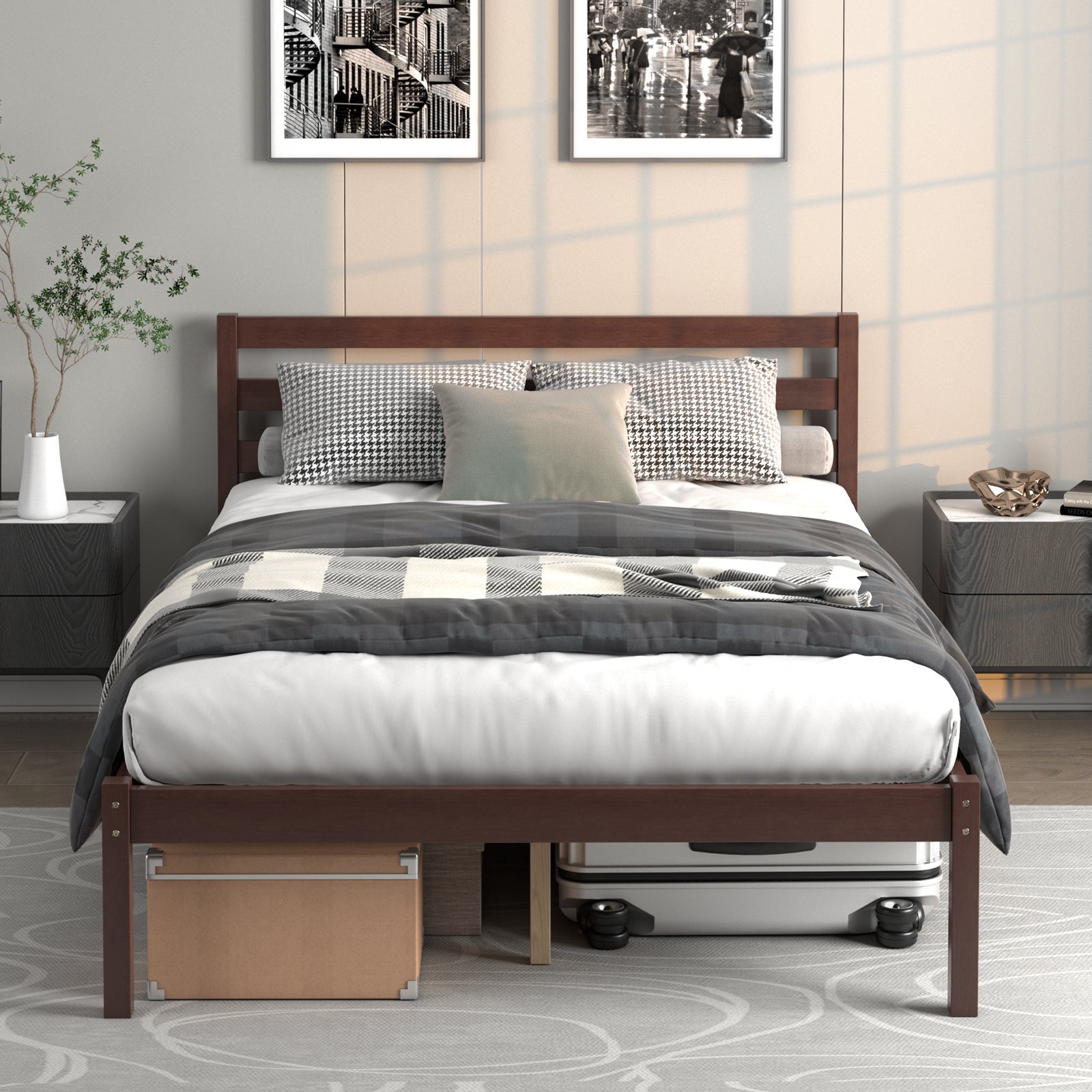 Twin Size Wood Platform Bed Frame with Headboard