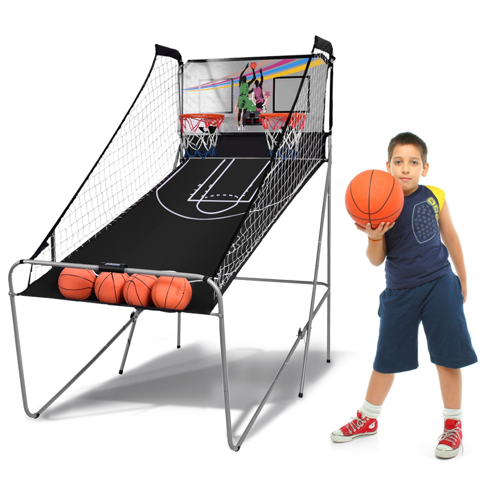 Indoor Double Electronic Basketball Game with 4 Balls-GreyÂ 