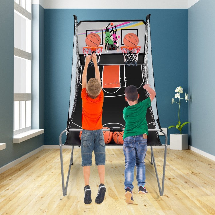 Indoor Double Electronic Basketball Arcade Game | Foldable Dual Hoop with Electronic Scoreboard, 4 Basketballs & 8 Games