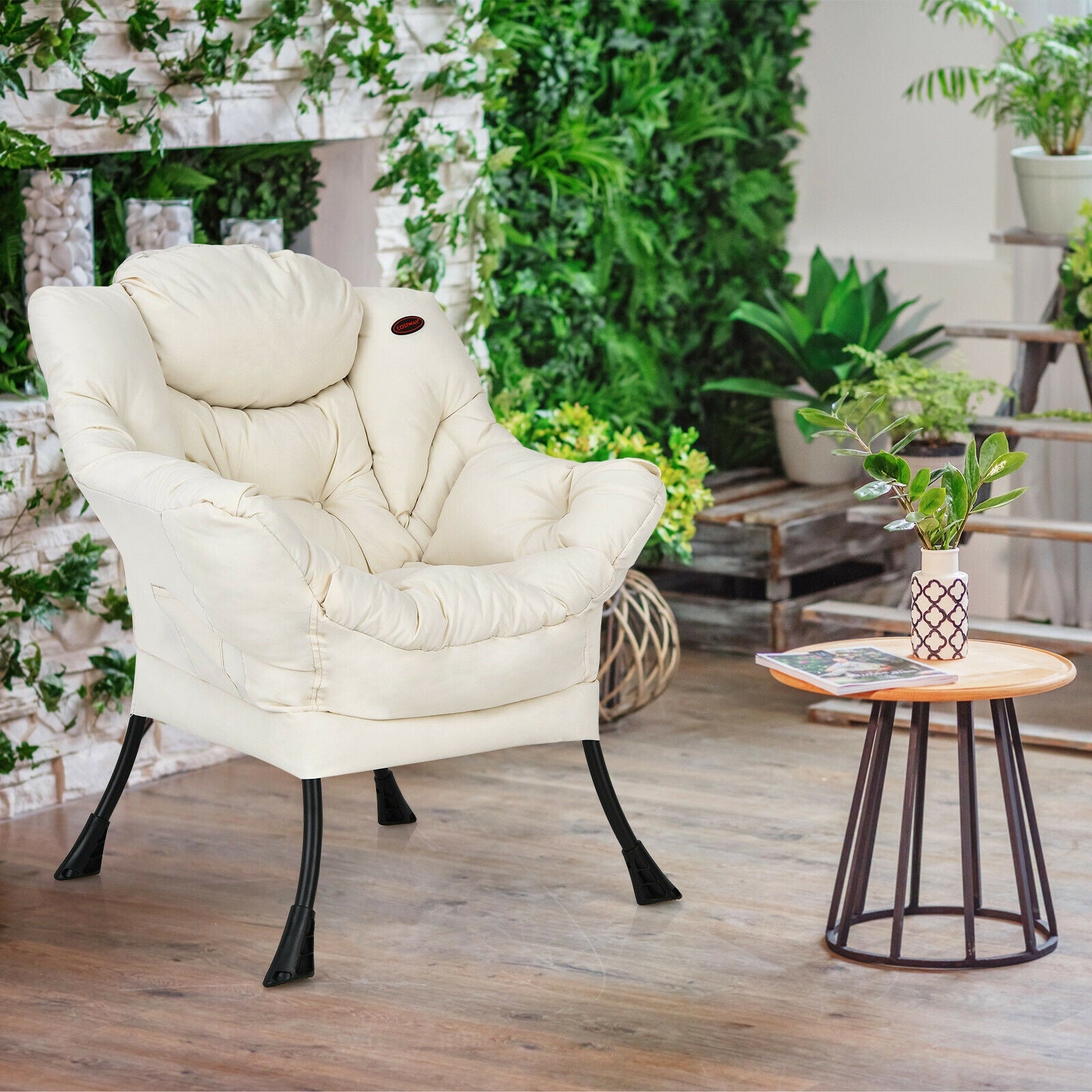 Modern Polyester Fabric Lazy Chair with Steel Frame and Side Pocket-Beige