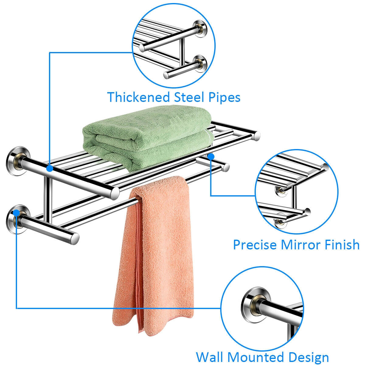 24 Inch Wall Mounted Stainless Steel Towel Storage Rack with 2 Storage TierÂ 