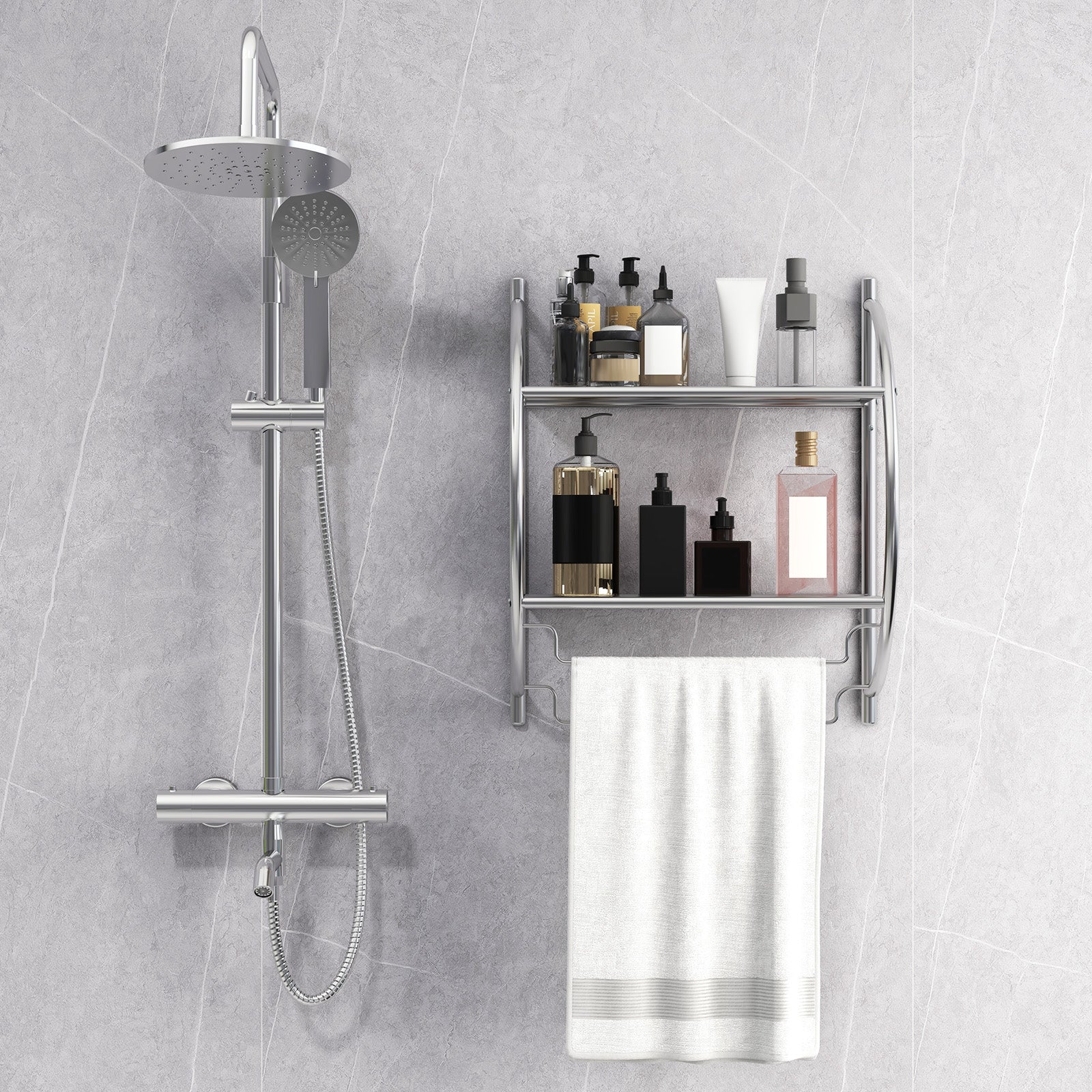 Wall Mounted 2-Tier Bathroom Towel Rack with 2 Towel Bars-Silver