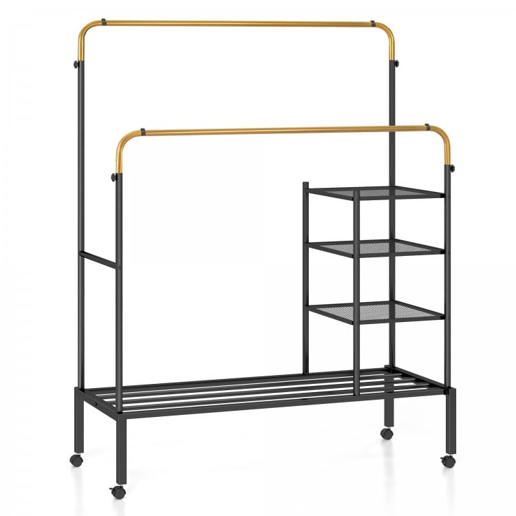 Rolling Double Rods Garment Rack with Height Adjustable Hanging Bars-Golden