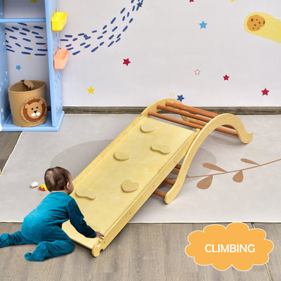 3-in-1 Kids Climber Set Wooden Arch Triangle Rocker with Ramp and Mat-Natural 