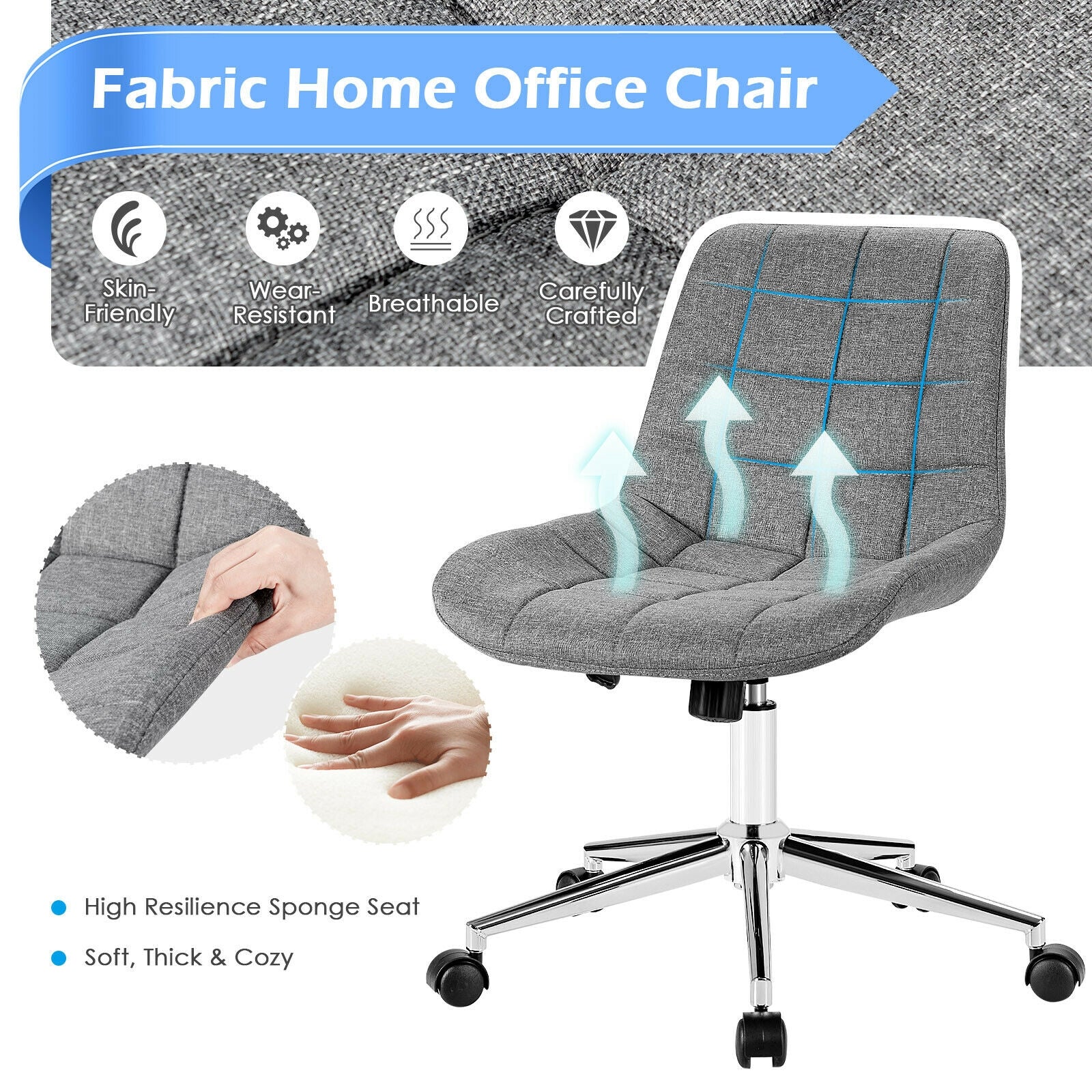 Fabric Adjustable Mid-Back Armless Office Swivel Chair