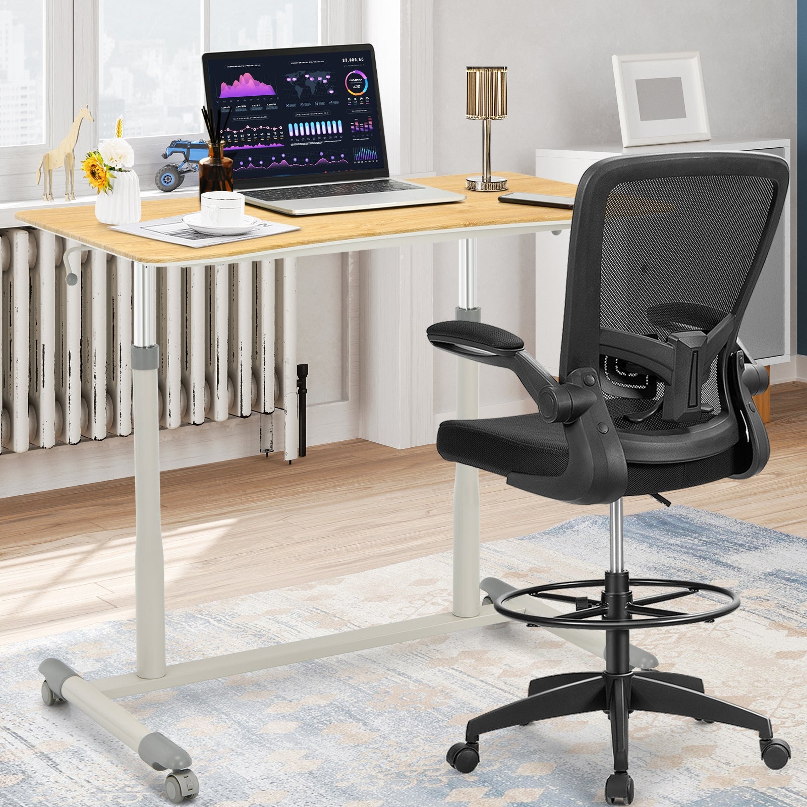 Height Adjustable Computer Desk Sit to Stand Rolling Notebook Table -NaturalÂ 