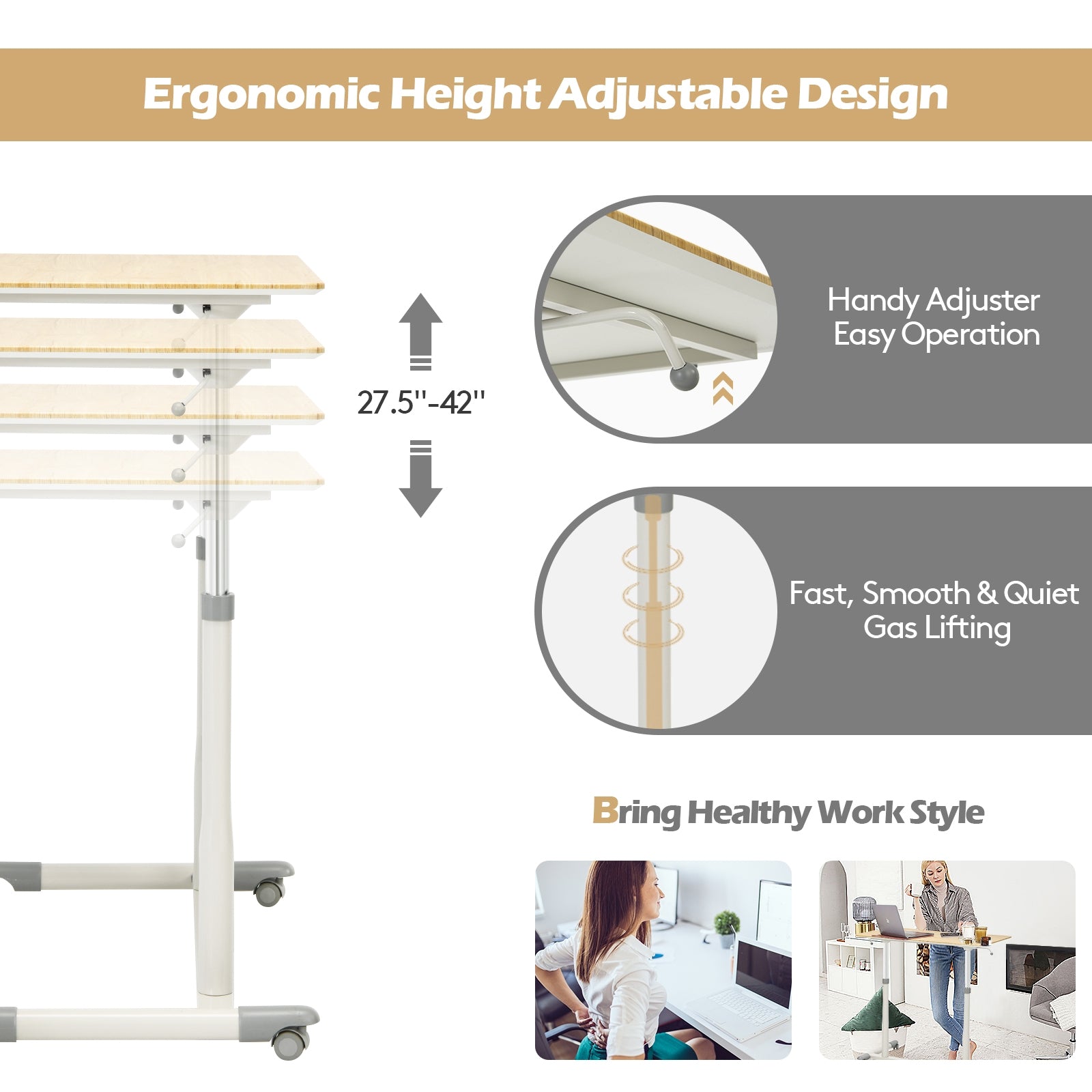 Height Adjustable Computer Desk Sit to Stand Rolling Notebook Table -Natural