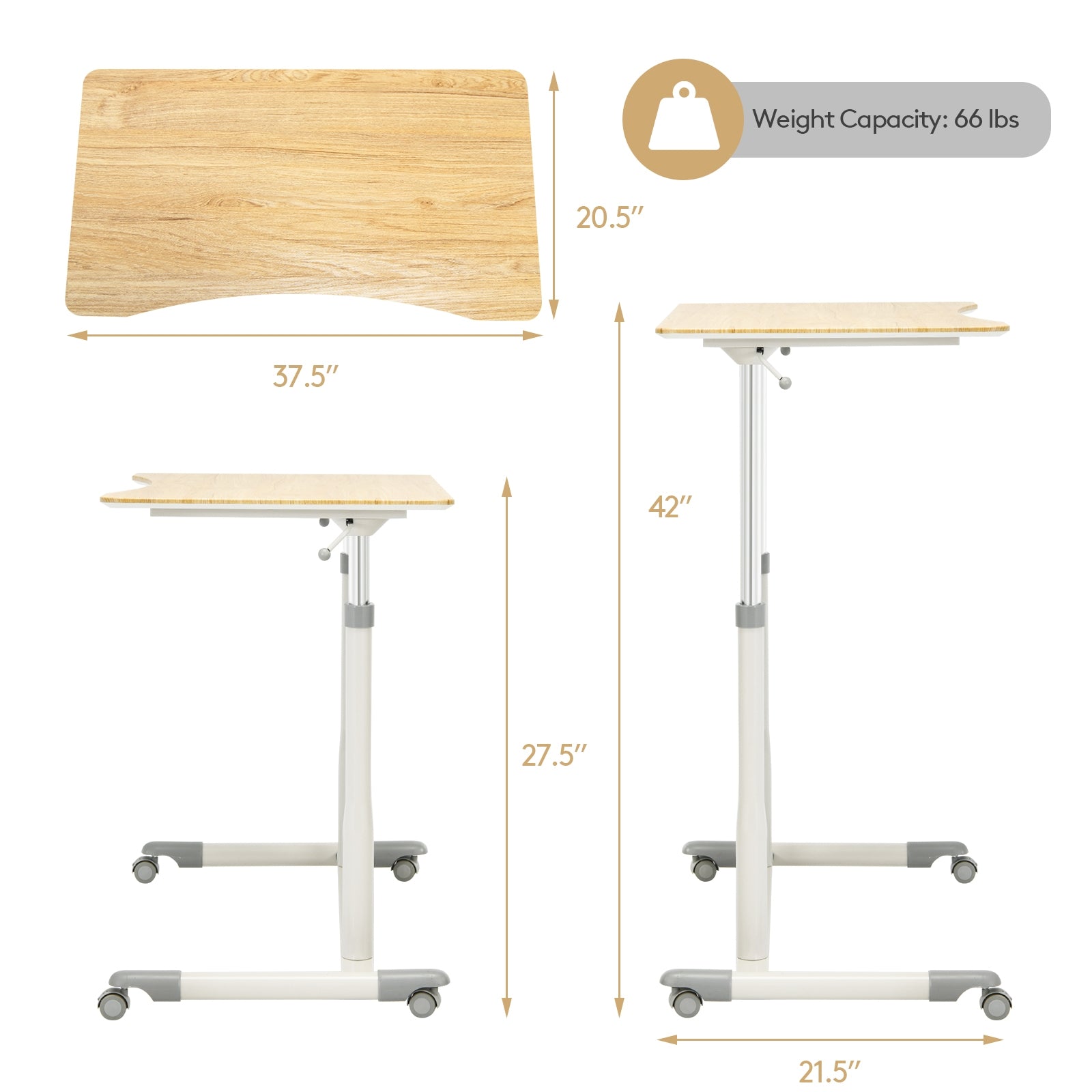 Height Adjustable Computer Desk Sit to Stand Rolling Notebook Table -Natural