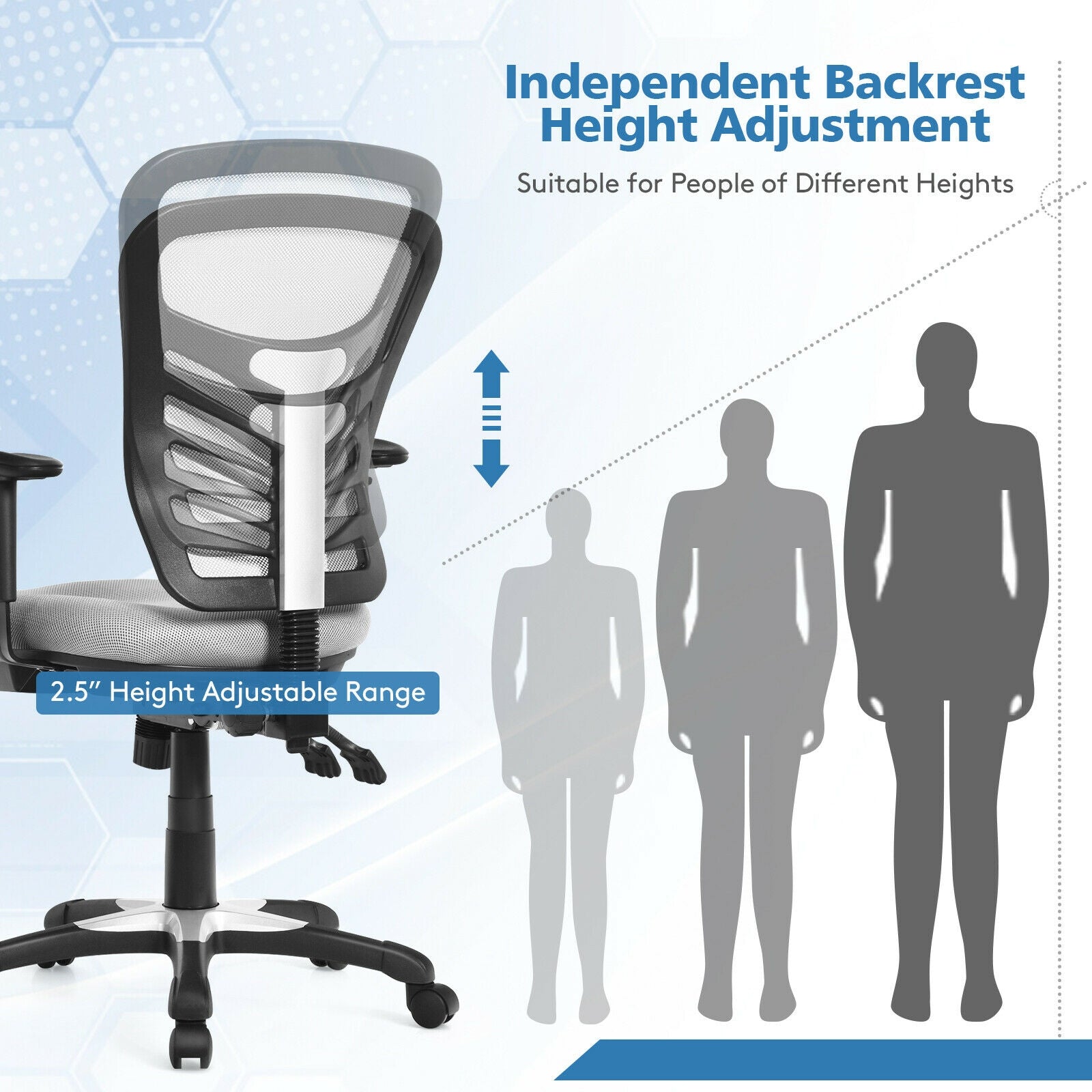 Ergonomic Mesh Office Chair with Adjustable Back Height and Armrests-Gray