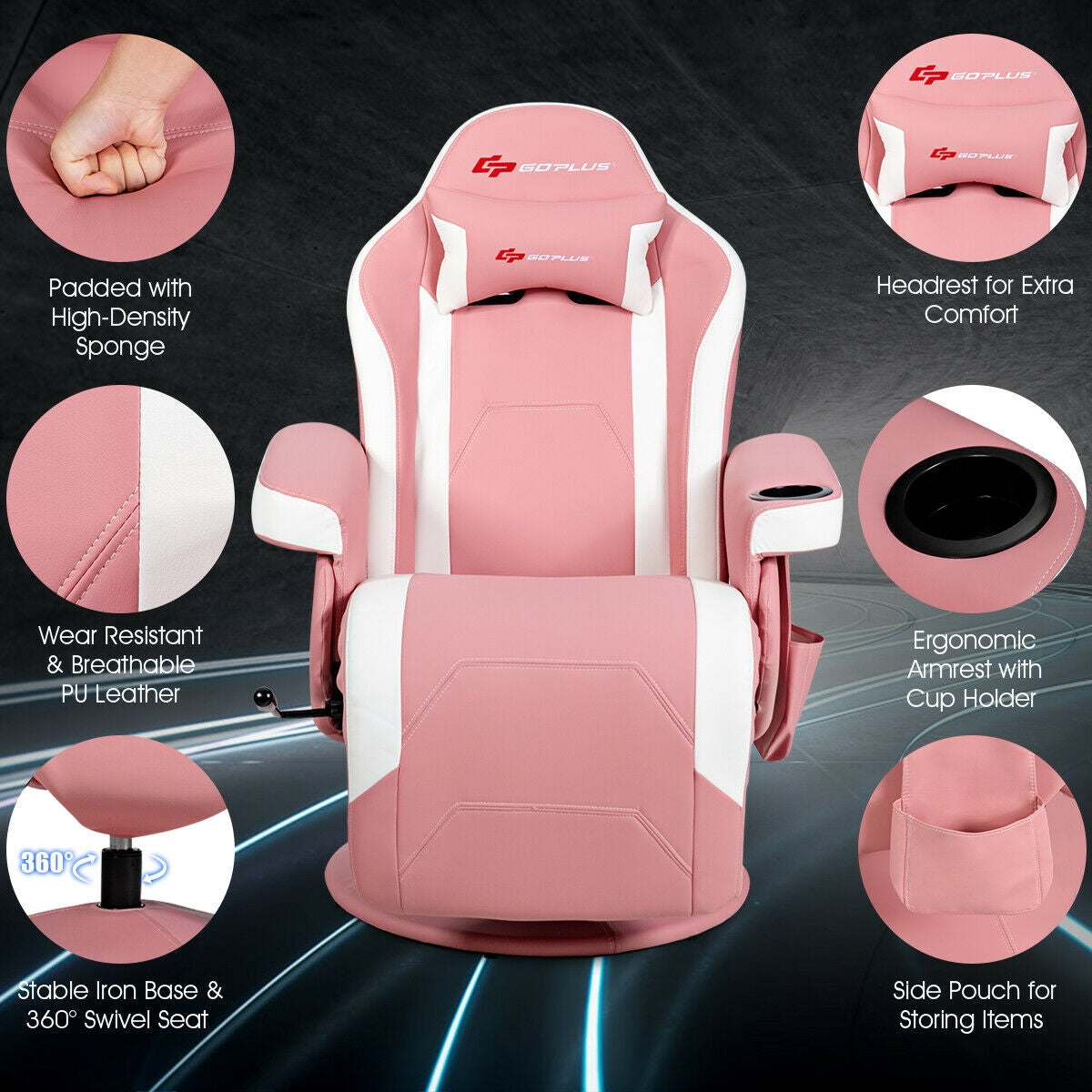 Ergonomic High Back Massage Gaming Chair with Pillow-Pink