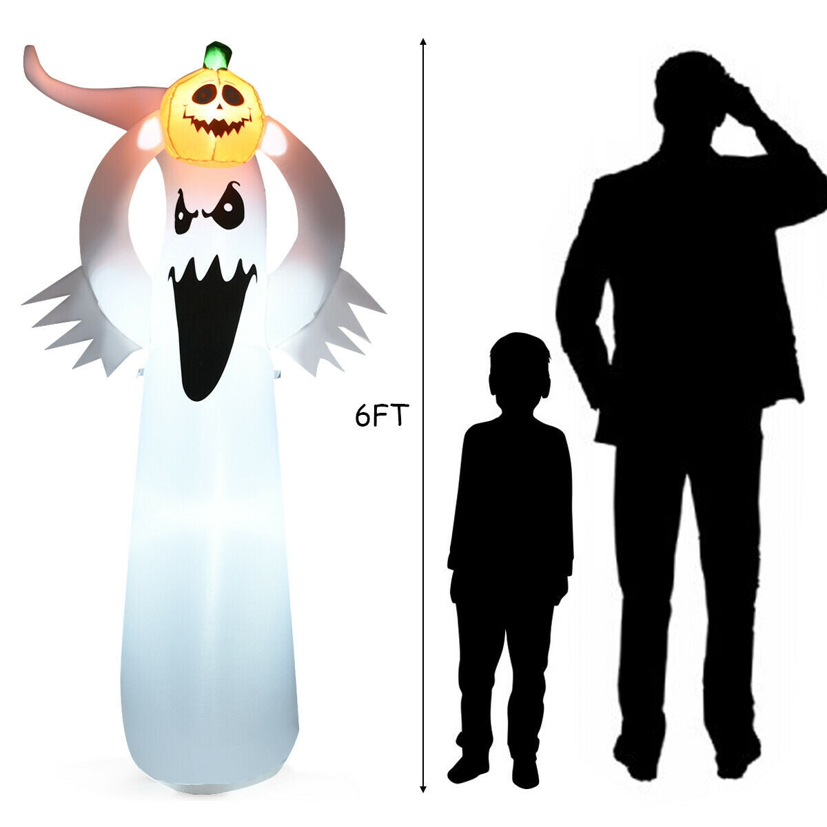 6 Feet Halloween Inflatable Blow Up Ghost with Pumpkin and LED Lights