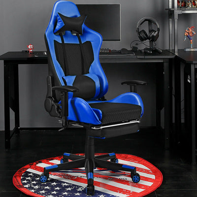 PU Leather Gaming Chair with USB Massage Lumbar Pillow and Footrest-BlueÂ 
