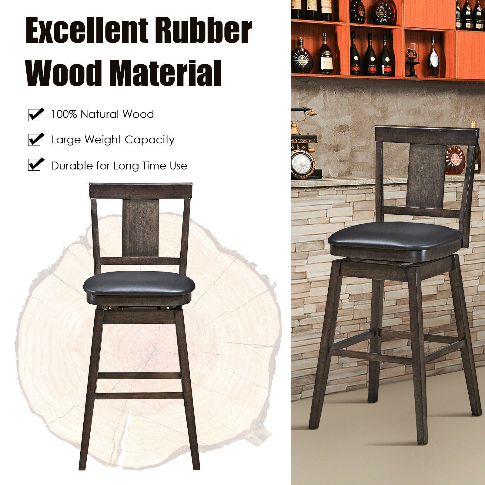 29 inch Swivel Upholstered Counter Height Bar Stool with Rubber Wood Legs