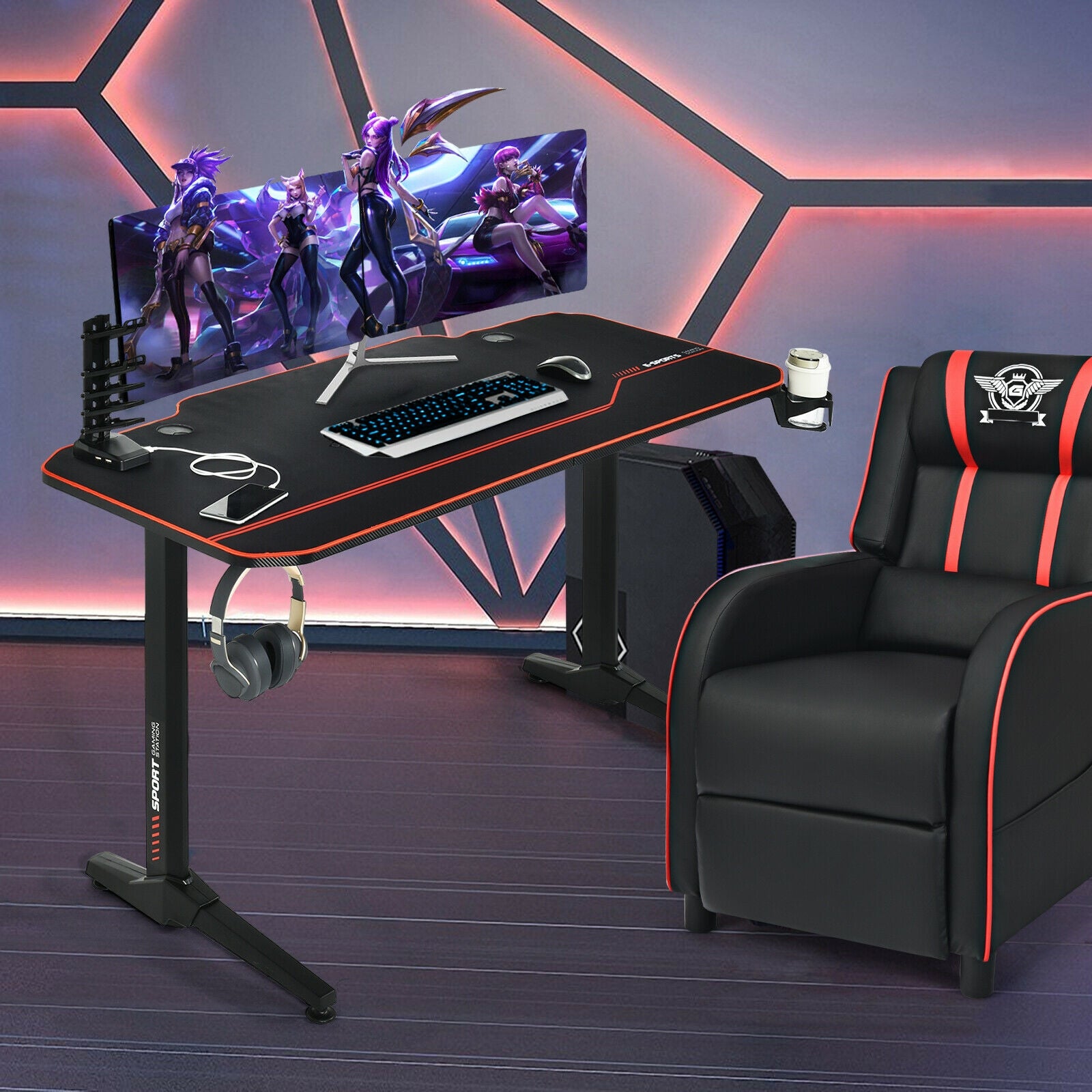 55 Inch Gaming Desk with Free Mouse Pad with Carbon Fiber SurfaceÂ 