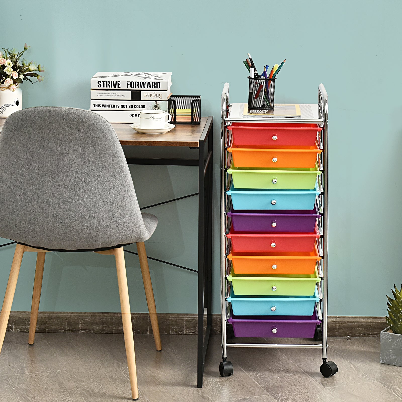 10 Drawer Rolling Storage Cart Organizer with 4 Universal Casters-Multicolor