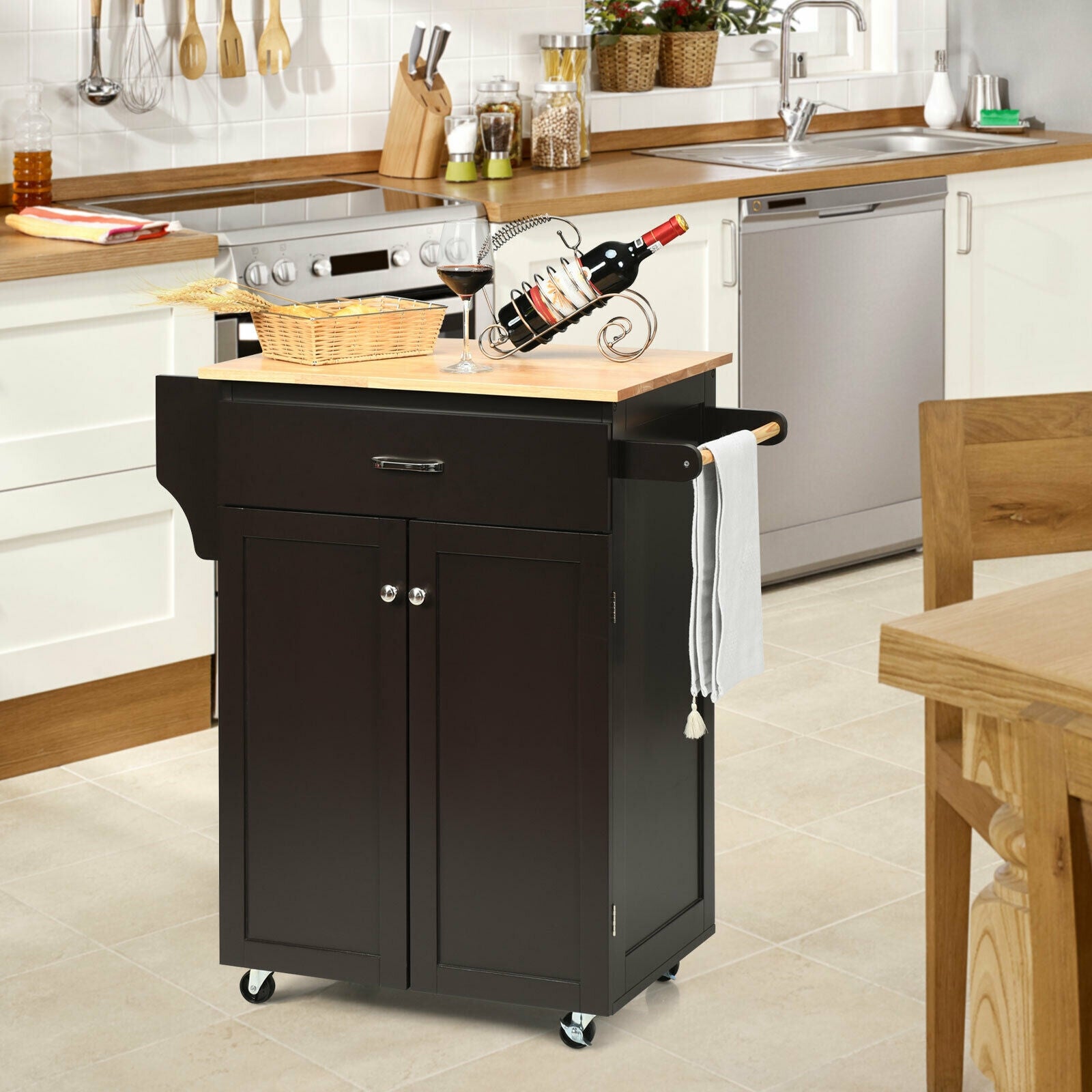 Utility Rolling Storage Cabinet Kitchen Island Cart with Spice Rack-Brown 