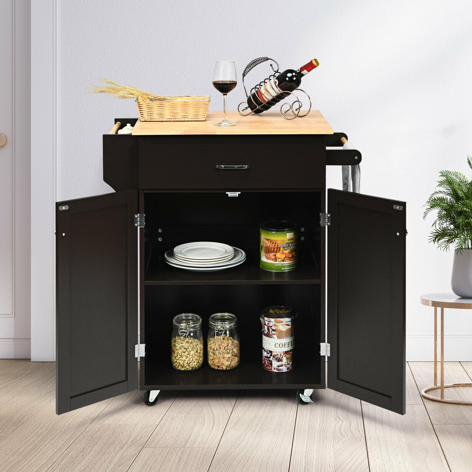 Utility Rolling Storage Cabinet Kitchen Island Cart with Spice Rack-Brown