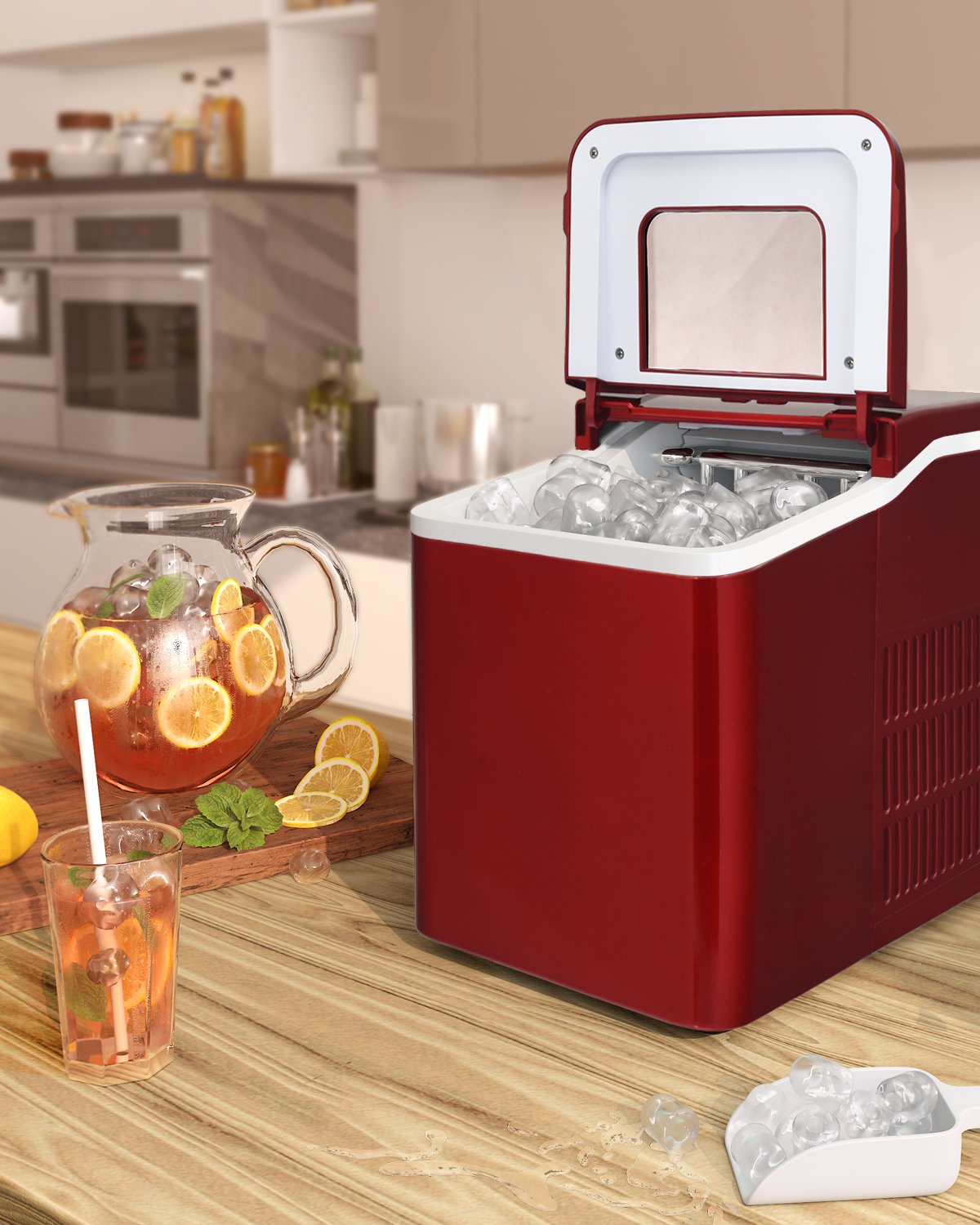 26lbs/24h Portable Countertop Ice Maker Machine with Scoop 9 Ice Cubes Ready in 8 minutes-RedÂ 