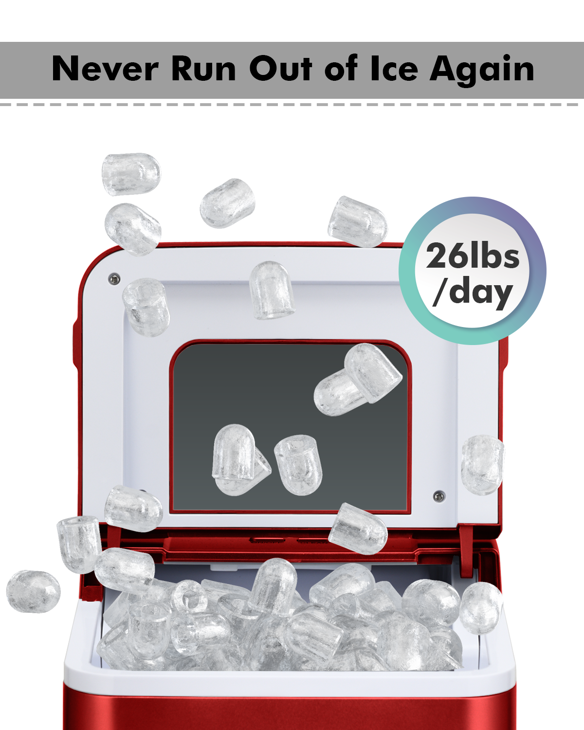 26lbs/24h Portable Countertop Ice Maker Machine with Scoop 9 Ice Cubes Ready in 8 minutes-Red