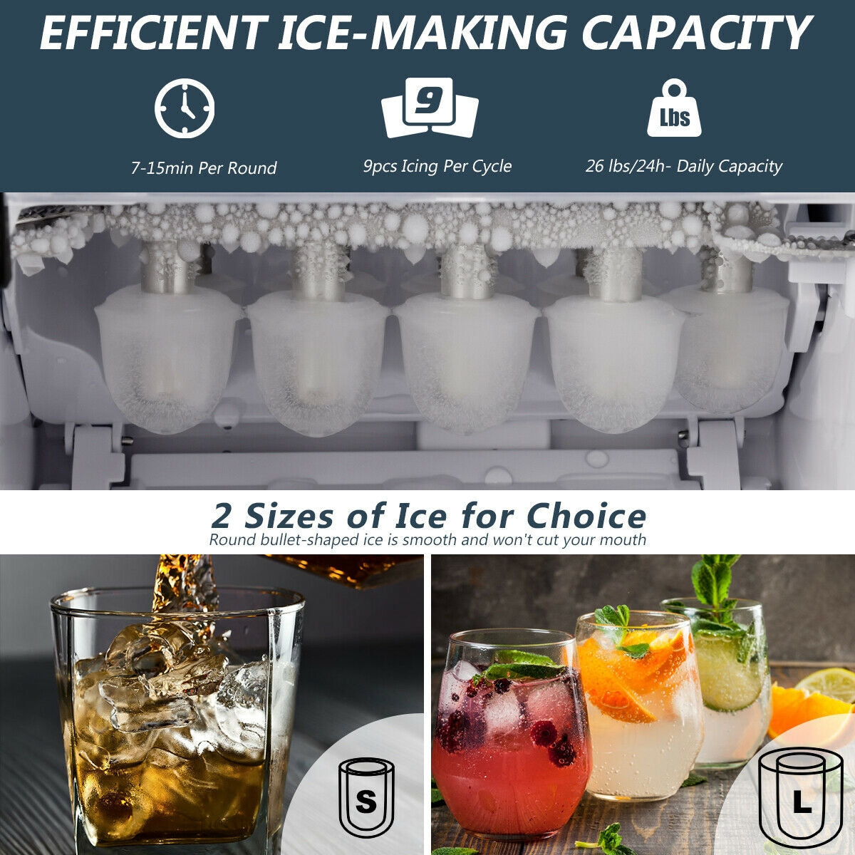 Stainless Steel 26 lbs/24 H Self-Clean Countertop Ice Maker Machine