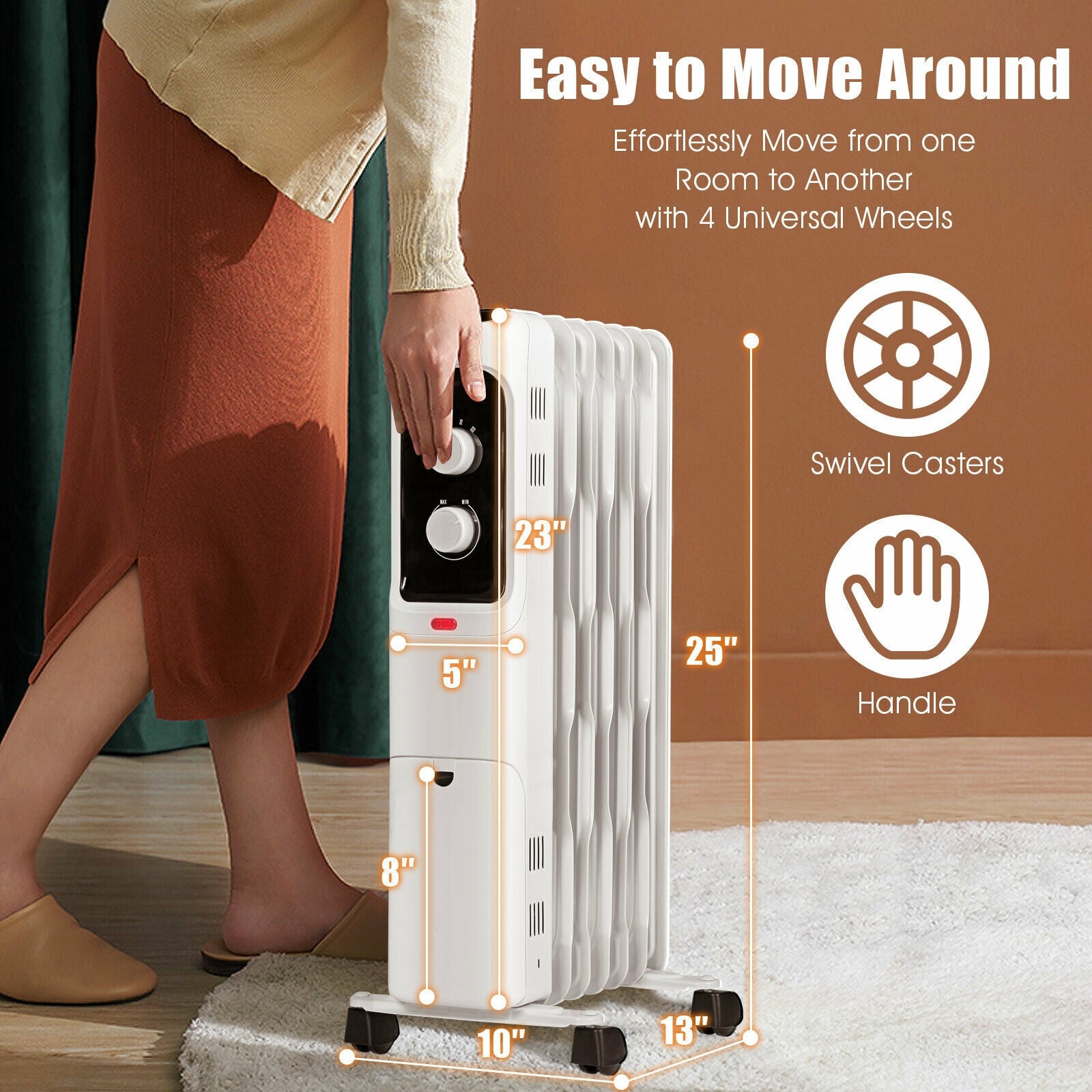 1500W Oil Filled Portable Radiator Space Heater with Adjustable Thermostat-White