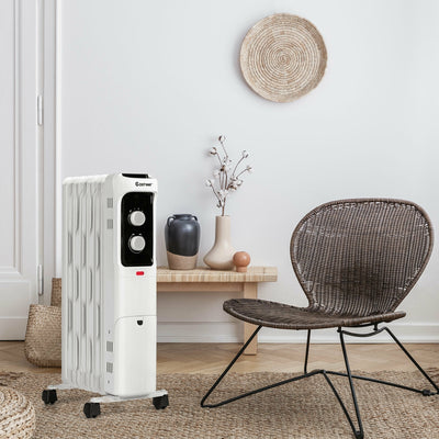 1500W Oil Filled Portable Radiator Space Heater with Adjustable Thermostat-White 