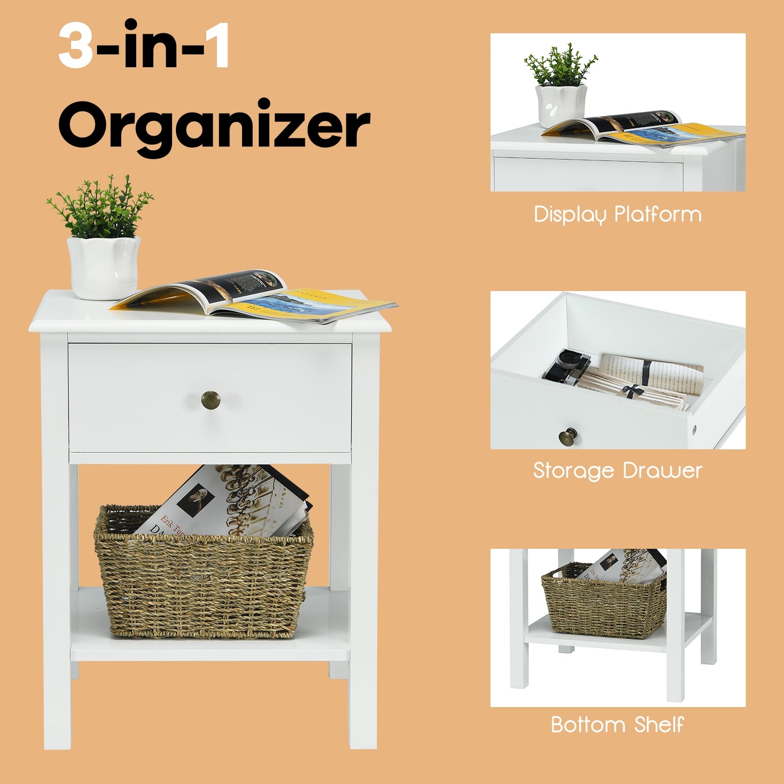 Nightstand End Table with Drawer and Shelf-White