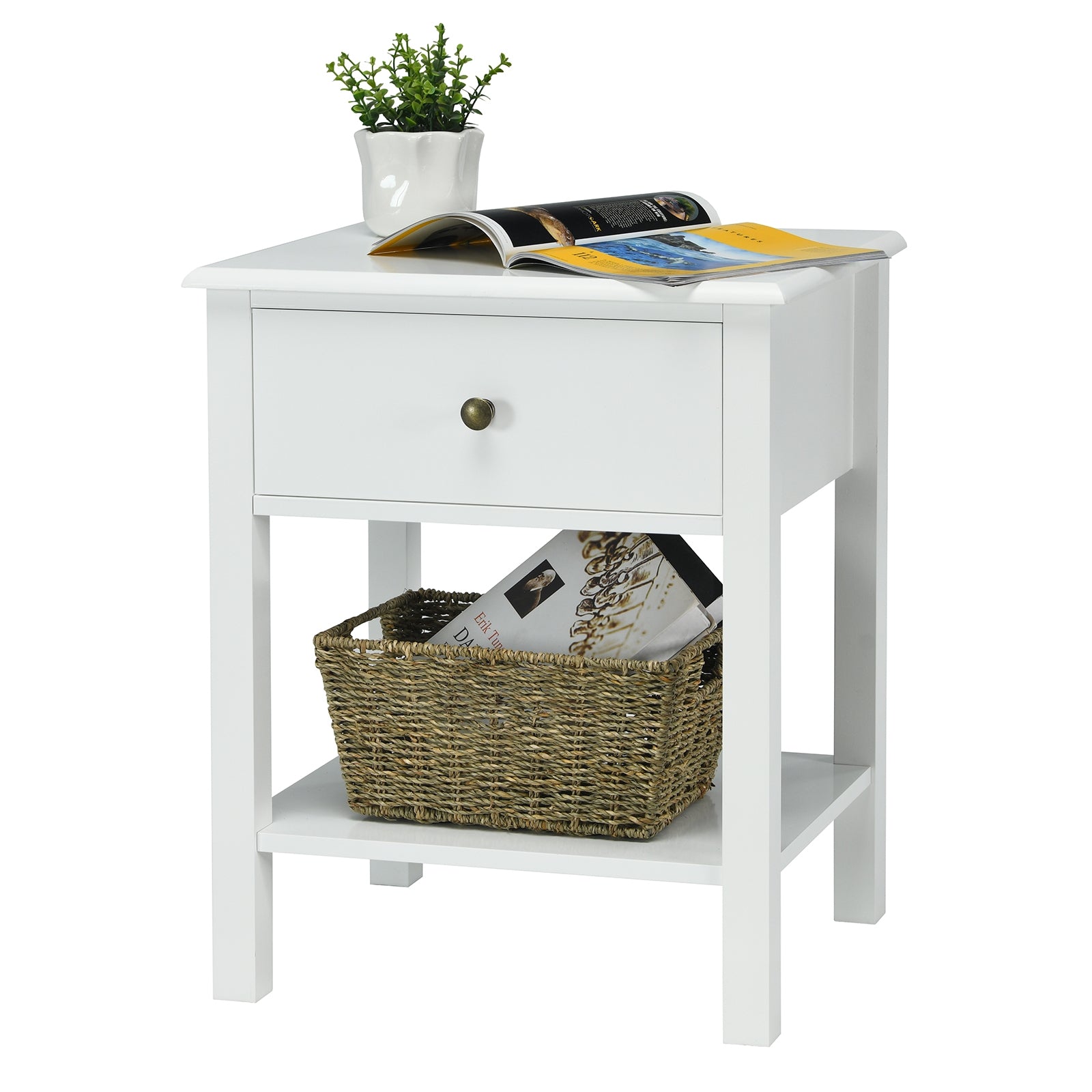 Nightstand End Table with Drawer and Shelf-White