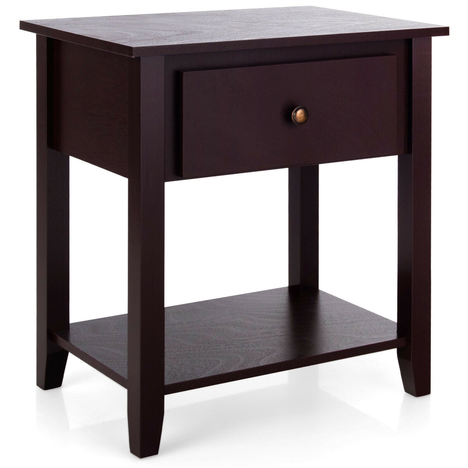 Nightstand with Drawer and Storage Shelf for Bedroom Living Room-Dark Brown