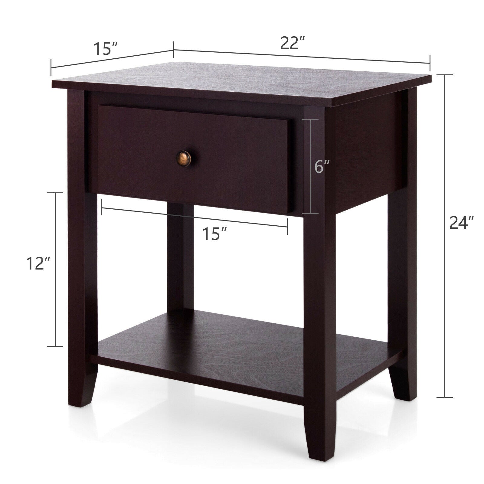 Nightstand with Drawer and Storage Shelf for Bedroom Living Room-Dark Brown