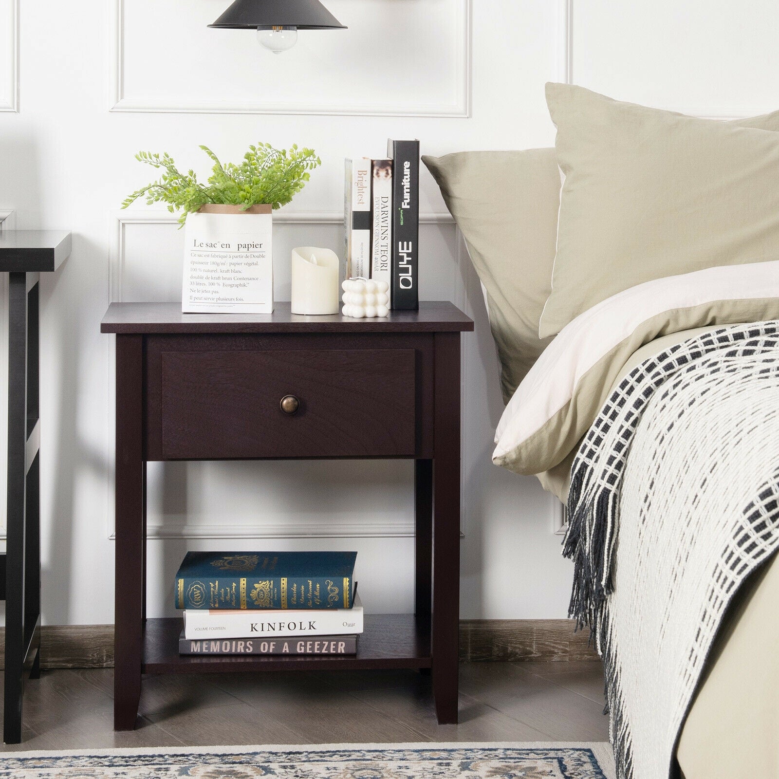 Nightstand with Drawer and Storage Shelf for Bedroom Living Room-Dark Brown