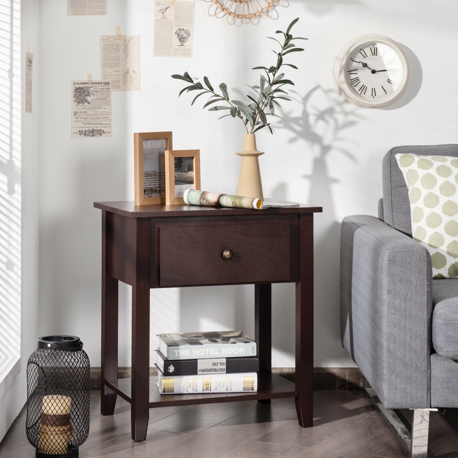 Nightstand with Drawer and Storage Shelf for Bedroom Living Room-Dark Brown