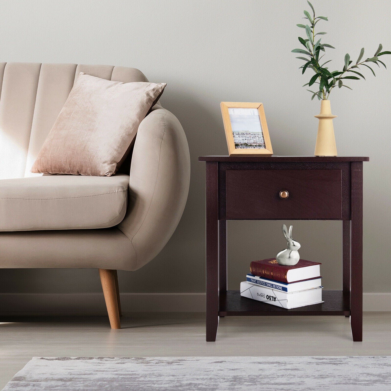 Nightstand with Drawer and Storage Shelf for Bedroom Living Room-Dark Brown