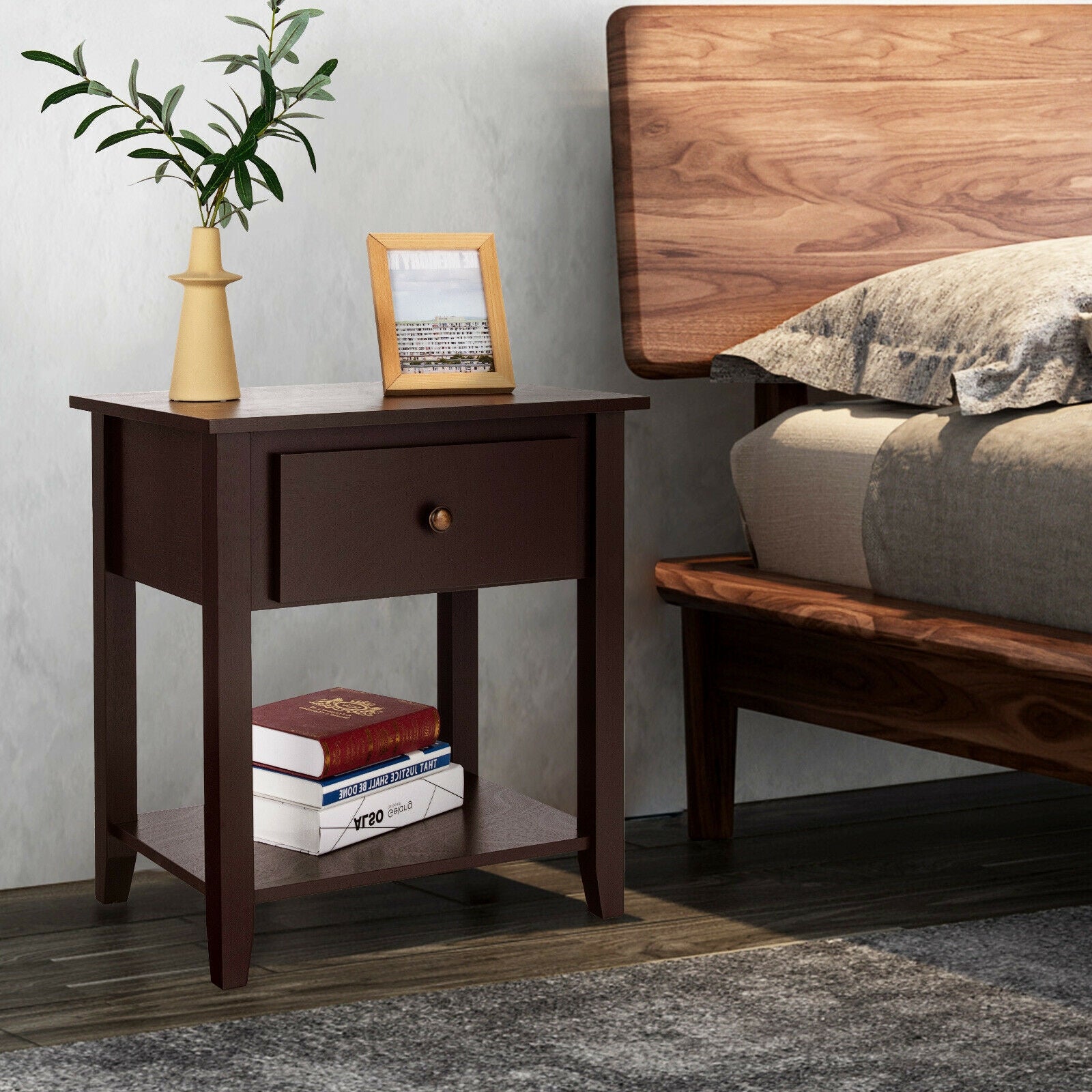 Nightstand with Drawer and Storage Shelf for Bedroom Living Room-Dark Brown