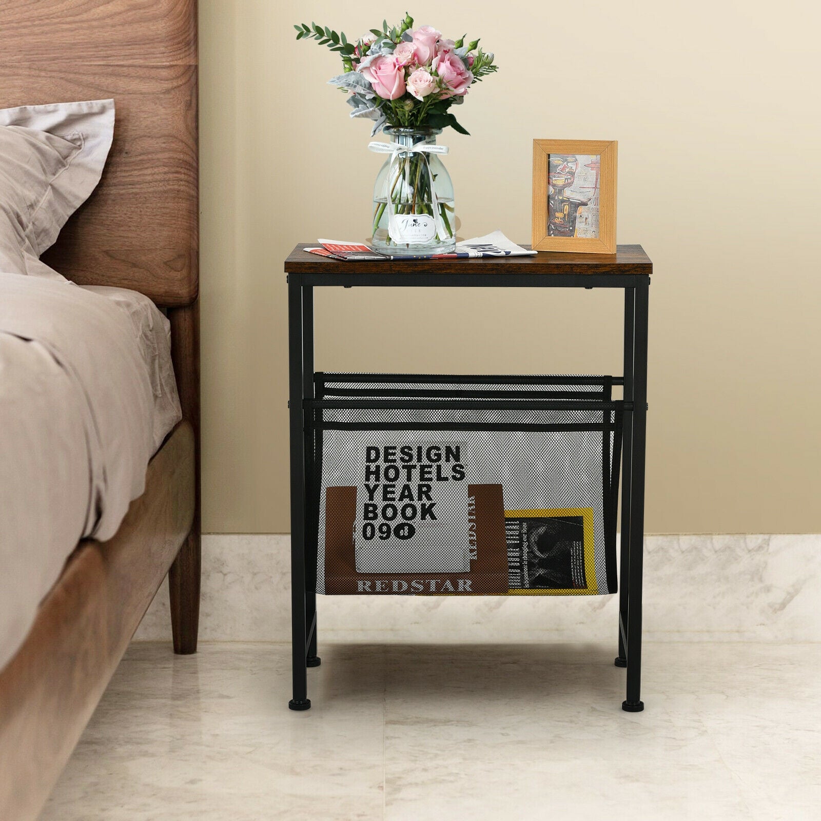 Narrow End Table with Magazine Holder Sling for Small Space