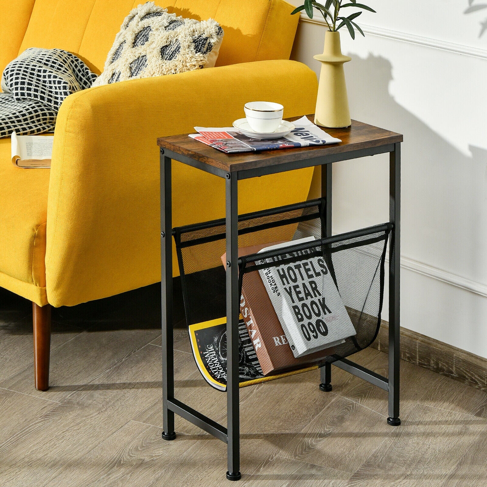 Narrow End Table with Magazine Holder Sling for Small SpaceÂ 