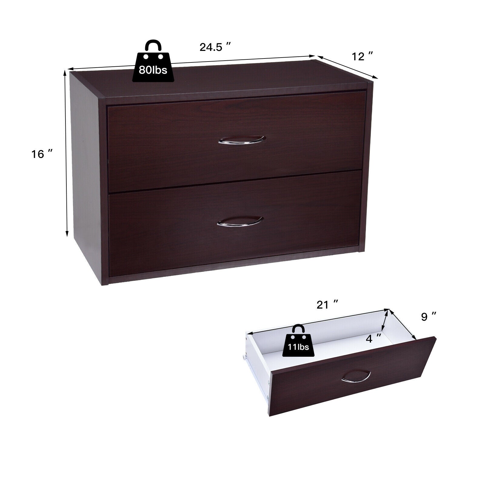 2-Drawer Dresser Horiztonal Organizer End Table Nightstand with Handle Wood-Brown