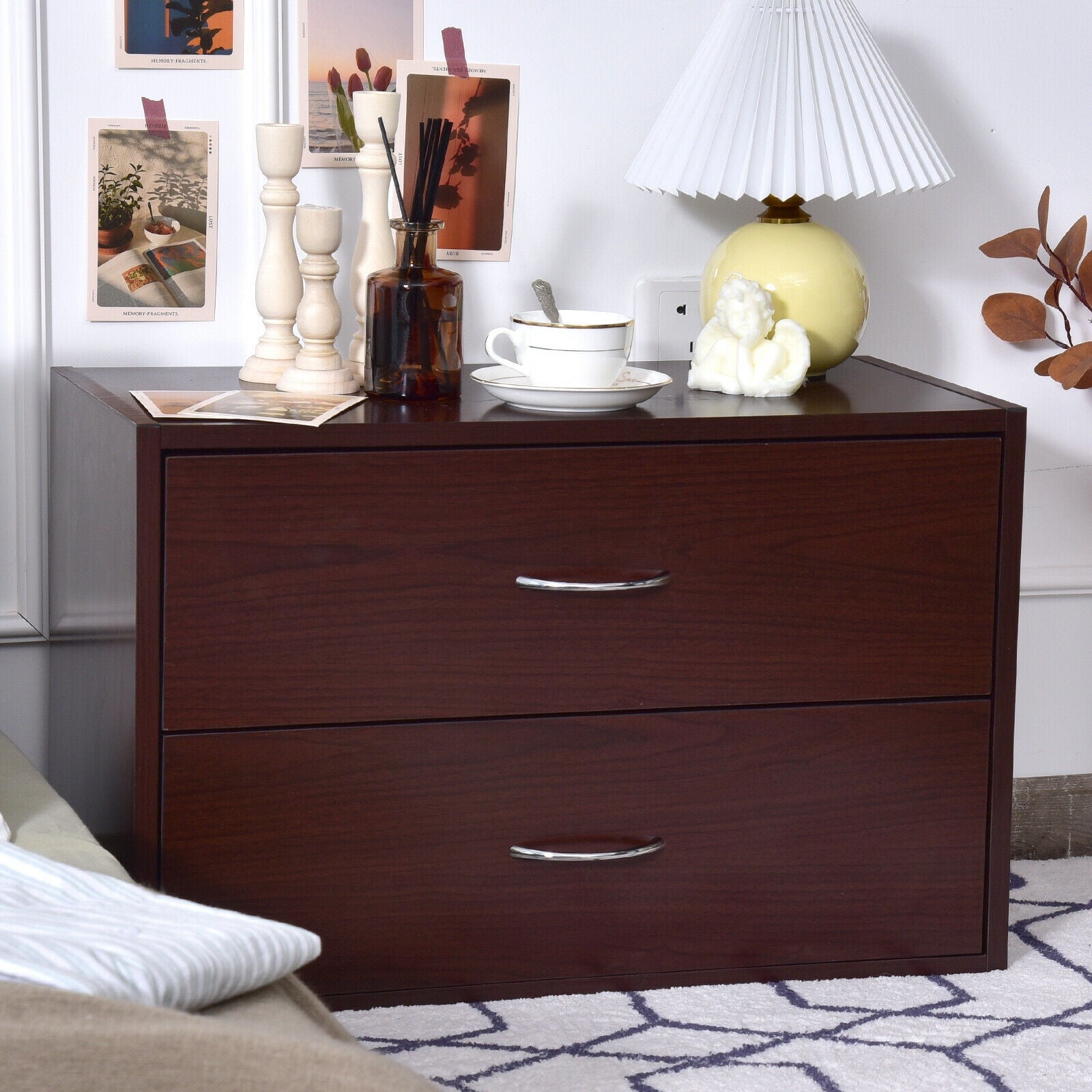 2-Drawer Dresser Horiztonal Organizer End Table Nightstand with Handle Wood-Brown 