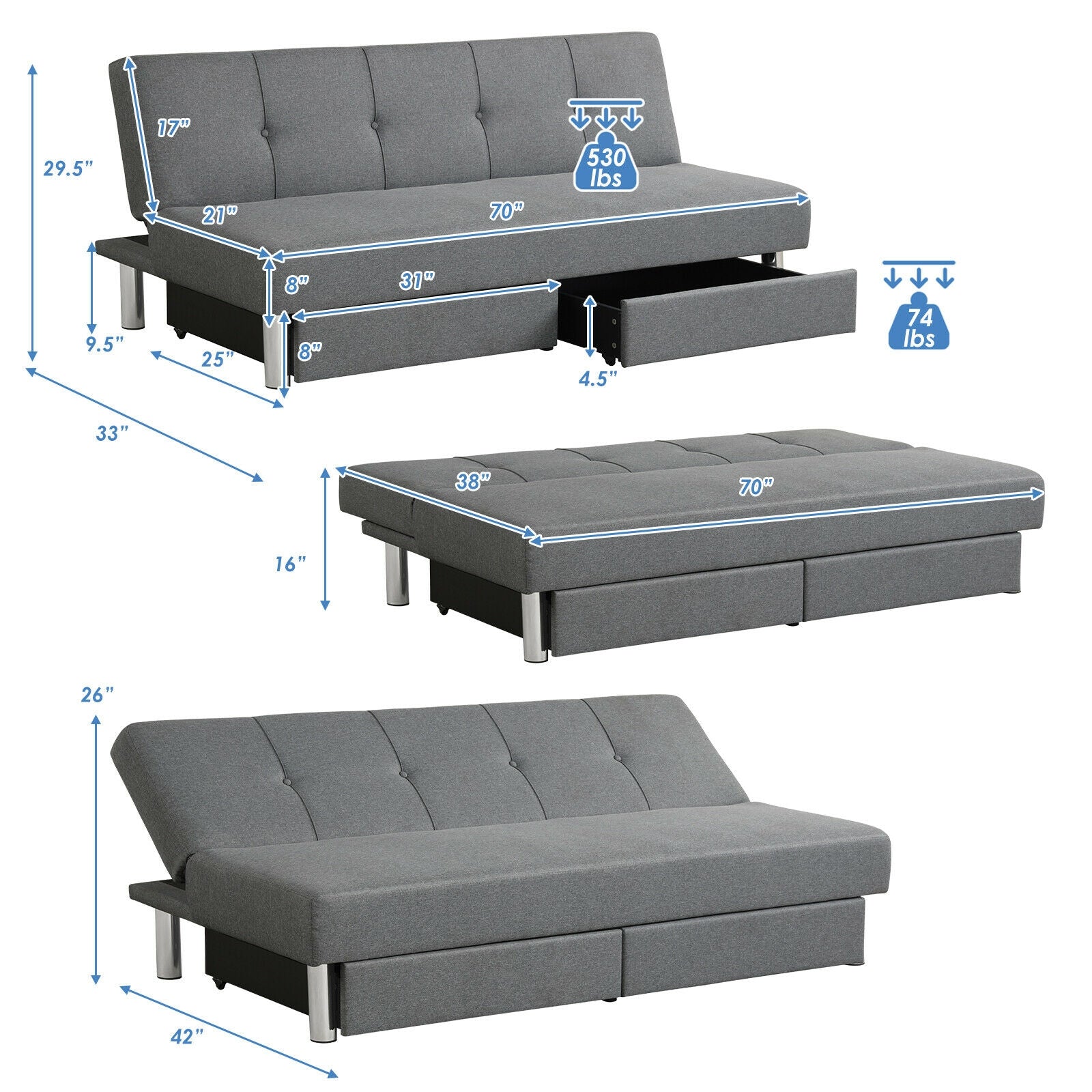 3-Seat Convertible Sofa Bed with 2 Large Drawers and 3 Adjustable Angles