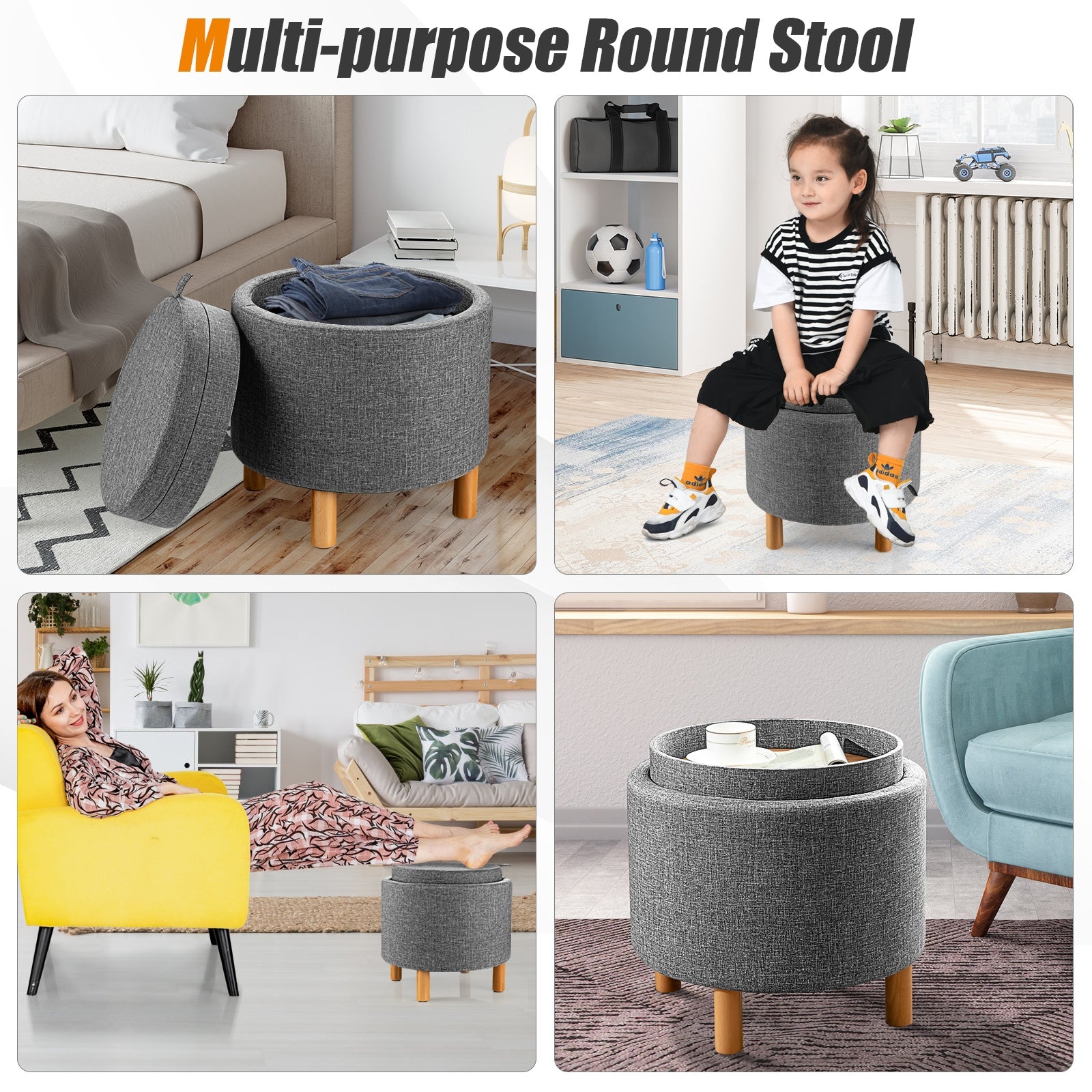 Round Fabric Storage Ottoman with Tray and Non-Slip Pads for Bedroom-Gray