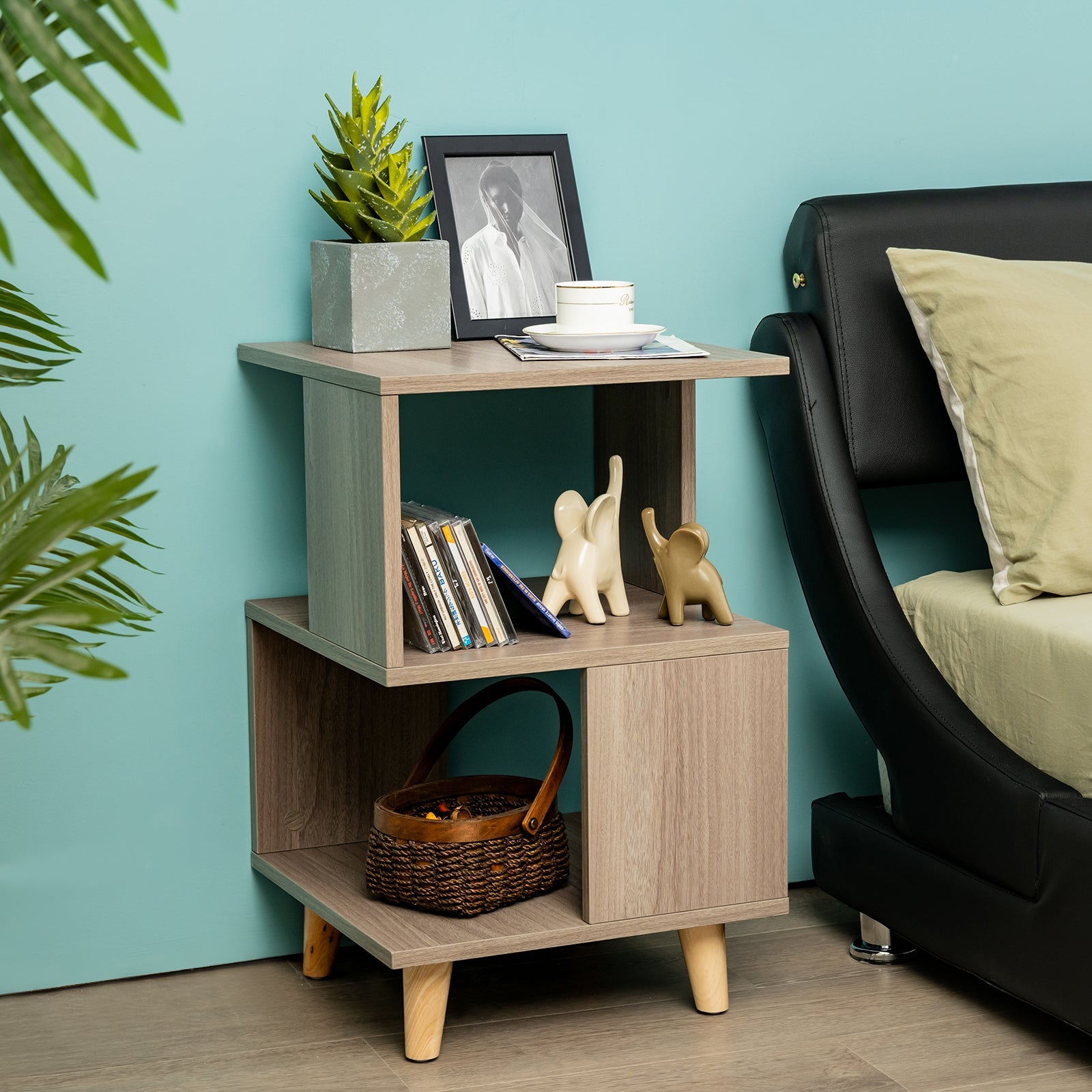 2 Pcs Wooden Modern Nightstand Set with Solid Wood Legs for Living Room