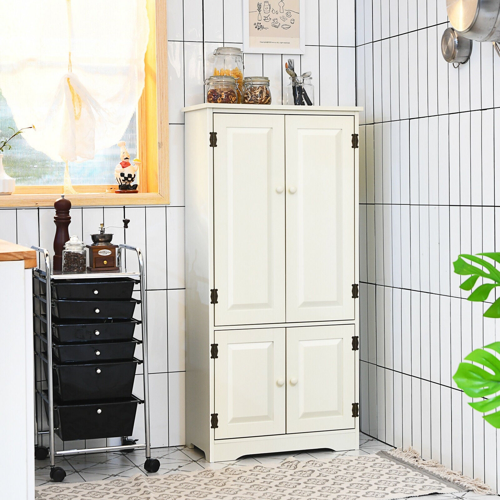 Accent Floor Storage Cabinet with Adjustable Shelves Antique 2-Door-Cream White