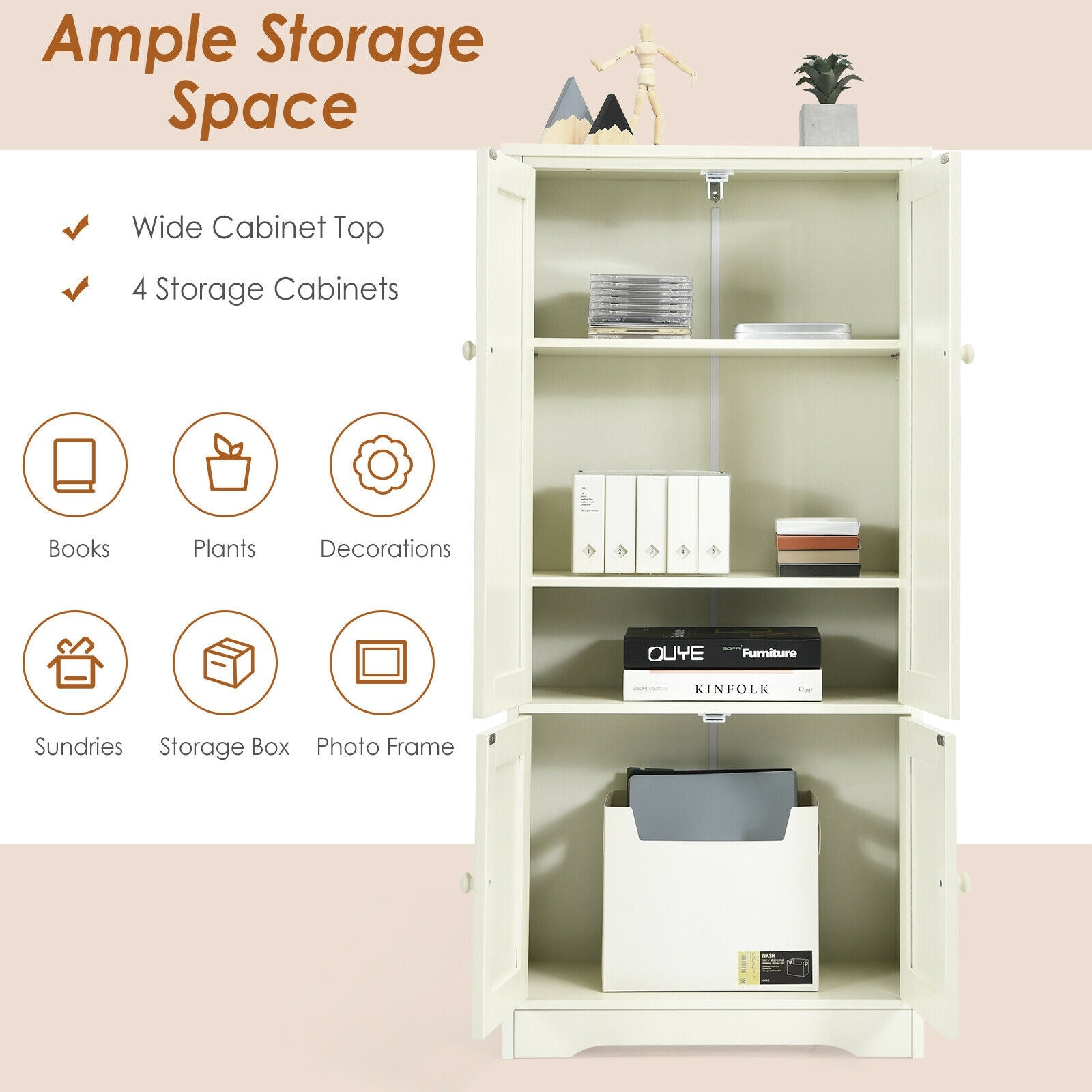 Accent Floor Storage Cabinet with Adjustable Shelves Antique 2-Door-Cream White