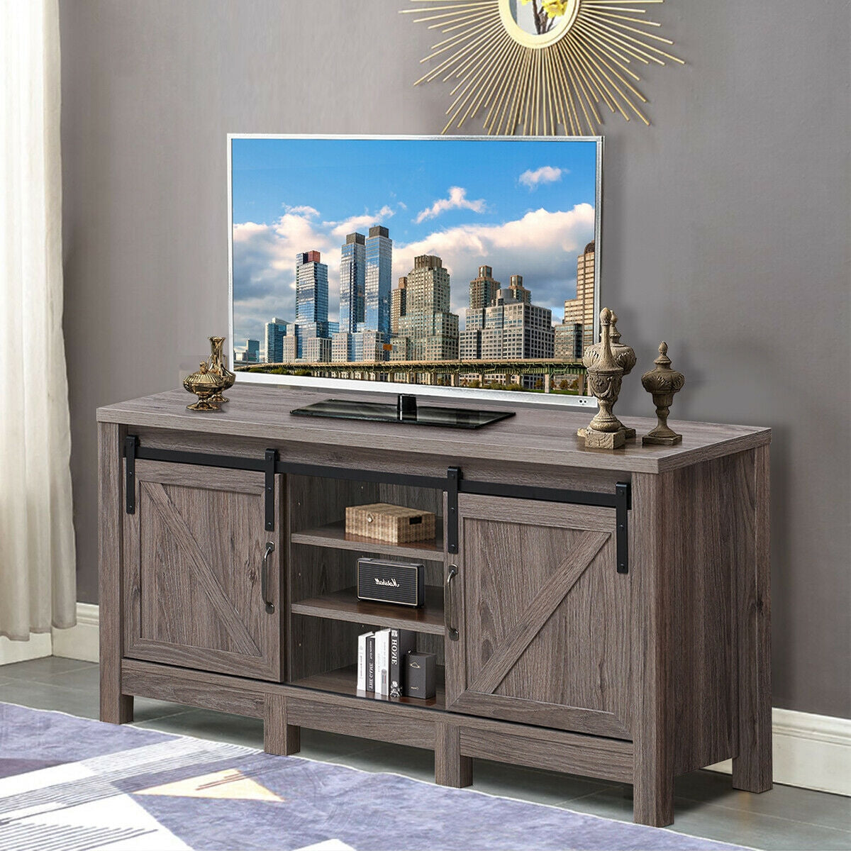 55 Inch TV Sliding Barn Door Entertainment Center with Adjustable Shelves