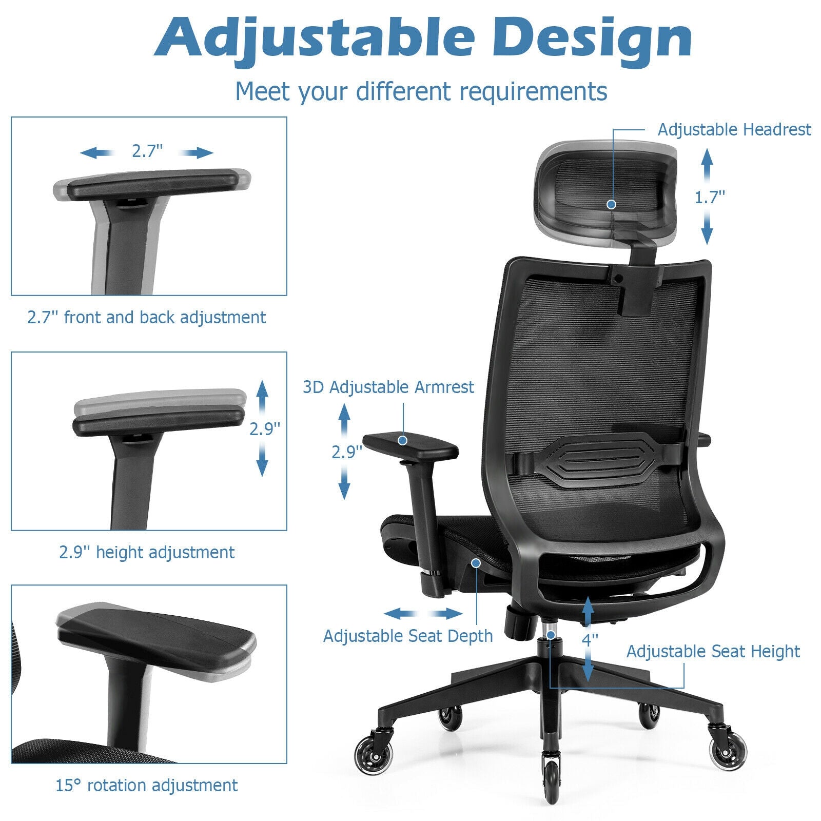 Adjustable Mesh Computer Chair with Sliding Seat and Lumbar Support-Black