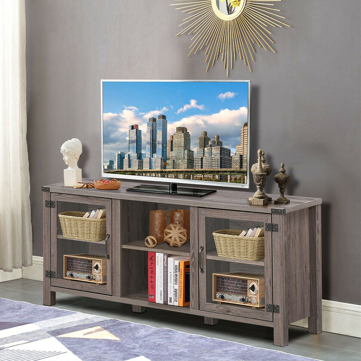 TV Stand Entertainment Center for TV's with Storage Cabinets-Gray