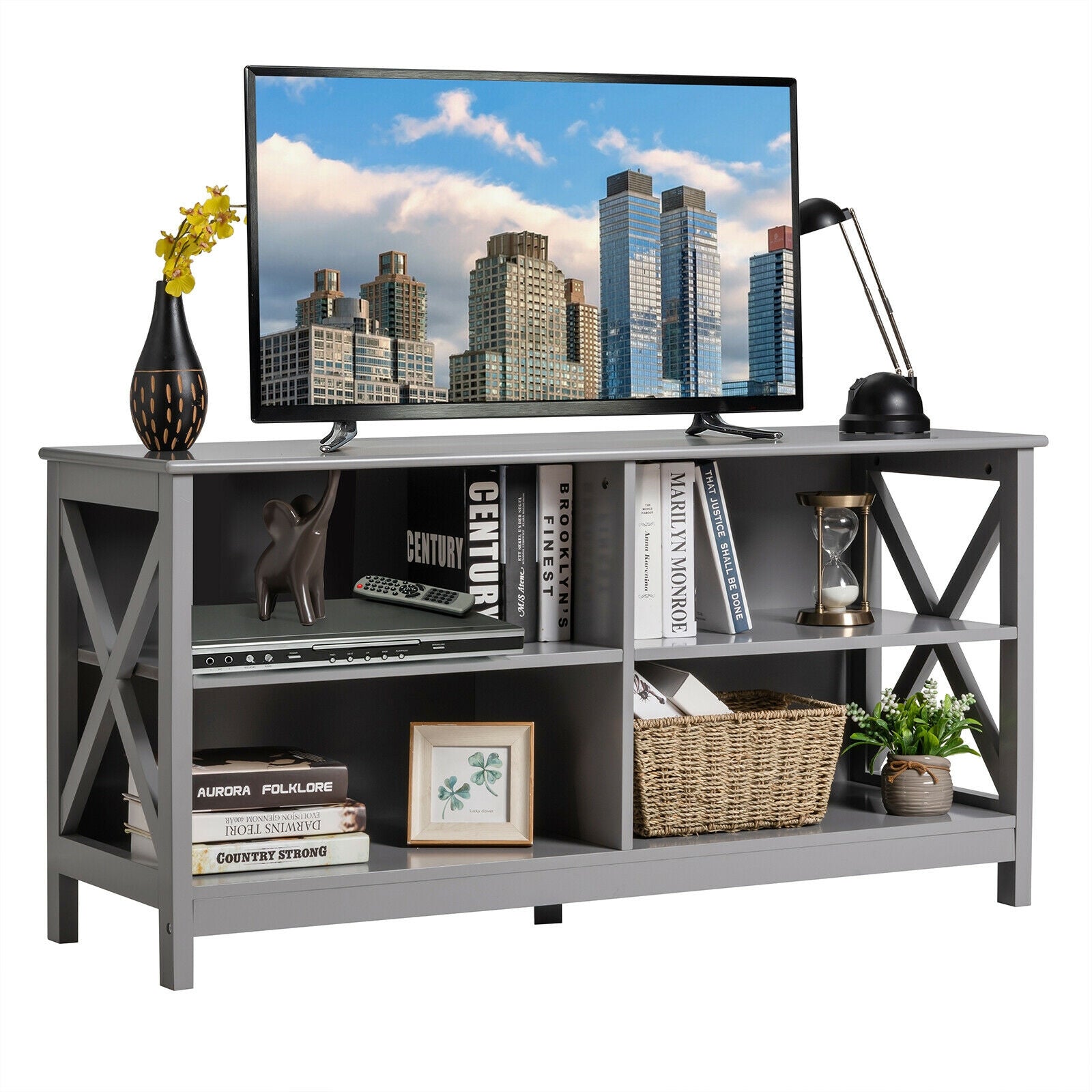 Wooden TV Stand Entertainment Media Center-Gray