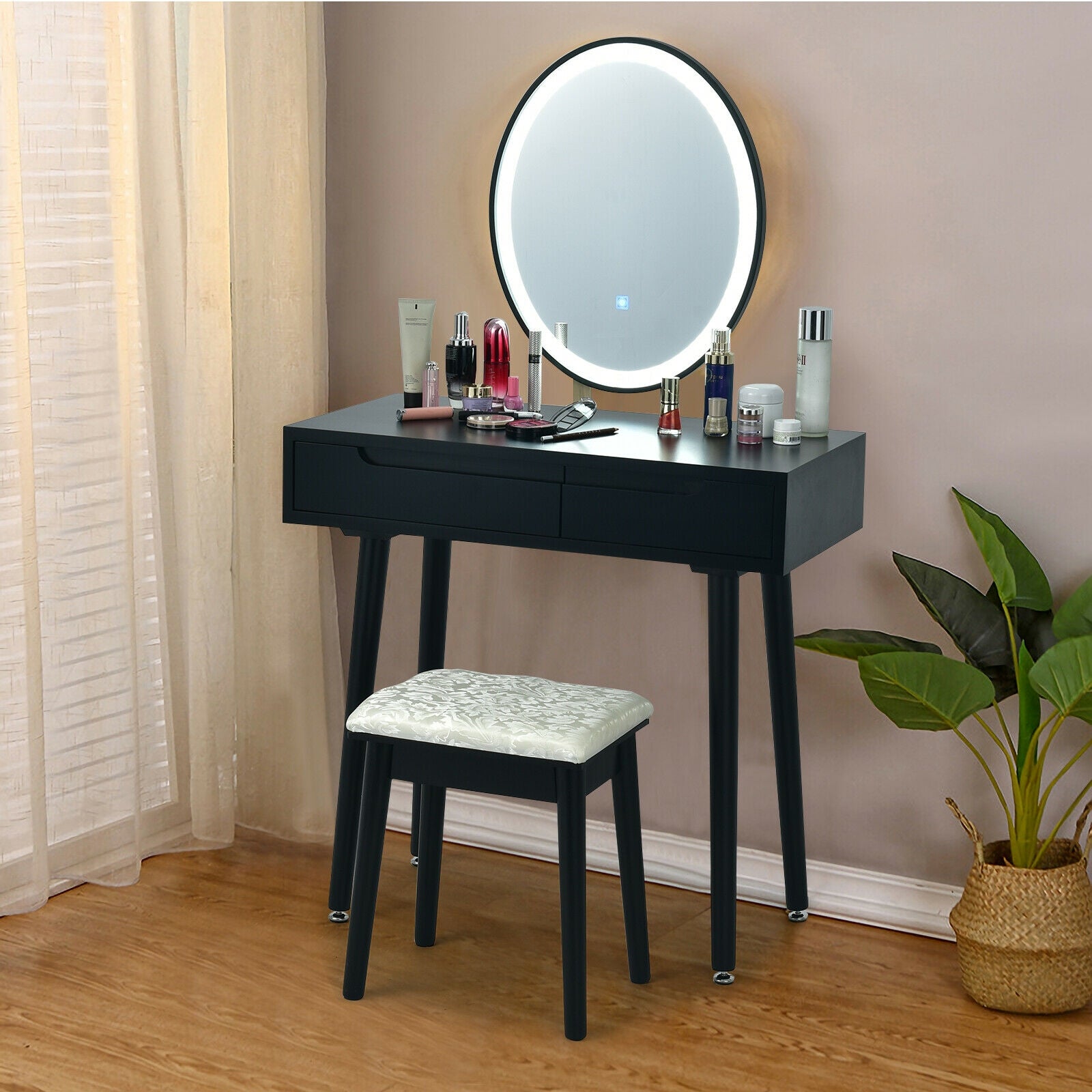 Touch Screen Vanity Makeup Table Stool Set-Black