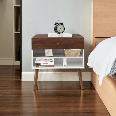 Mid-Century Nightstand with Drawer and Rubber Wood LegsÂ 