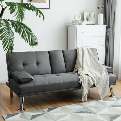 Convertible Folding Futon Sofa Bed Fabric with 2 Cup Holders-Dark GrayÂ 